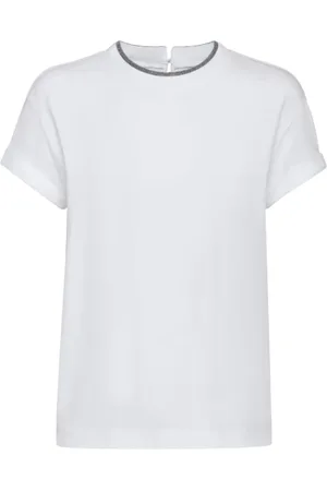 Brunello Cucinelli Top, Dame, Hvid, L, Bomuld, Contrast Trim Crew Neck T-Shirt