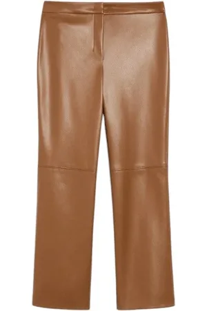 Max Mara Bukser, Dame, Brun, L, Læder, Brune Slim-Fit Coated Bukser med Læderdetaljer