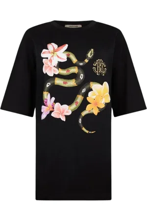 Roberto Cavalli Top, Dame, Sort, M, Bomuld, Snake Flower Print Crew-neck T-shirt