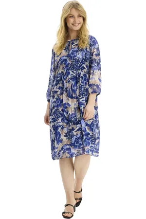In Front Kjole, Dame, Flerfarvet, 2XL, Uld, Blå Plisseret Kjole med V-Hals