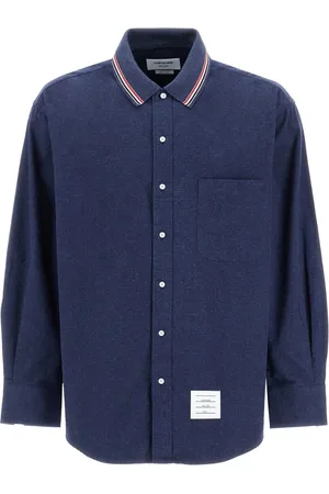 Thom Browne Skjorte, Herre, Blå, L, Bomuld, Oversized flanellskjorte med tricolor bånd