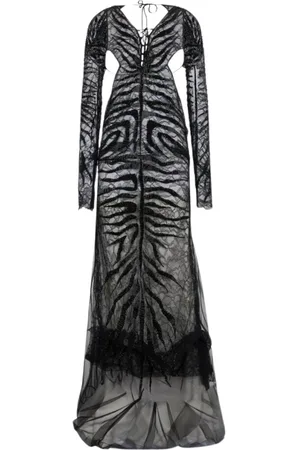 Roberto Cavalli Kjole, Dame, Sort, S, Uld, Guld Paillet Lang Kjole med V-Hals