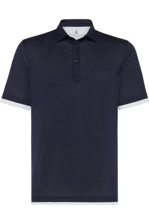 Brunello Cucinelli Top, Herre, Blå, M, Bomuld, Lagdelt detaljeret kortærmet poloshirt