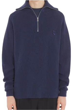 Maison Kitsuné Strik, Herre, Blå, L, Bomuld, Ribstrikket Jumper