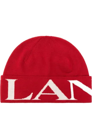 Lanvin Tilbehør, Dame, Rød, ONE SIZE, Uld, Uld Ribstrikket Hue med Logo Print