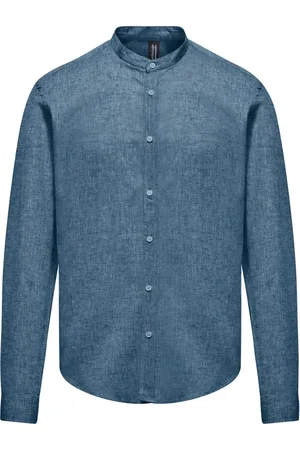 Bomboogie Skjorte, Herre, Blå, XL, Bomuld, Linen/Cotton Skjorte med Mandarin Krave