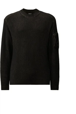 C.P. Company Strik, Herre, Brun, XL, Uld, Ribstrikket Crewneck Sweater med Lens Lomme