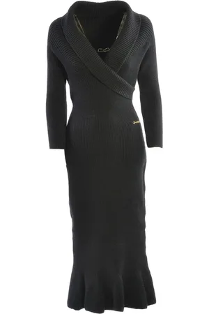 Elisabetta Franchi Kjole, Dame, Sort, M, Sort strikkjole med gyldne metaldetaljer