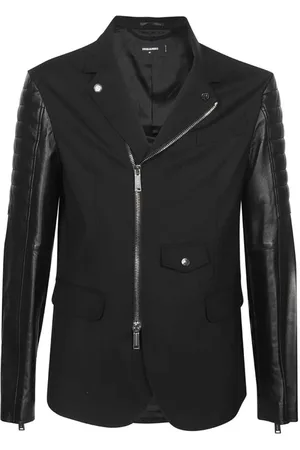 Dsquared2 Jakke, Herre, Sort, 2XL, Uld, Læderjakke med Reverskrave og Fuld Lynlås