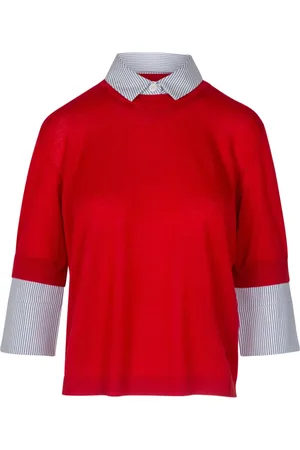 SEMICOUTURE Top, Dame, Rød, L, Uld, Uldstrik med poplinindsatser
