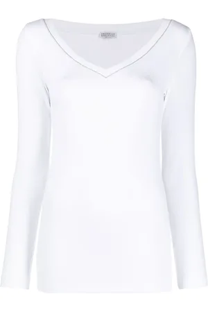 Brunello Cucinelli Top, Dame, Hvid, L, Bomuld, V-hals Langærmet Strik