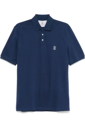 Brunello Cucinelli Top, Herre, Blå, XL, Bomuld, Blå poloshirt med heraldisk logo