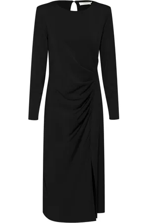 Karen by Simonsen Kjole, Dame, Sort, S, Polyester, Elegant Lang Kjole med Draperede Effekter