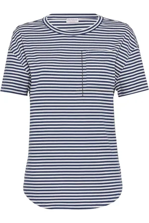 Brunello Cucinelli Top, Dame, Blå, S, Bomuld, Stribet T-shirt i bomuldsjersey med skinnende lommedetalje