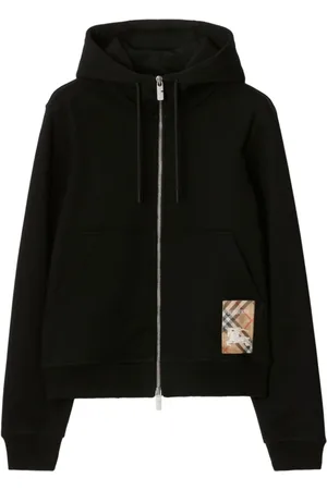 Burberry Sweathshirts & Hoodies, Dame, Sort, M, Bomuld, Check Label Zip-Up Hættetrøje med Snøre