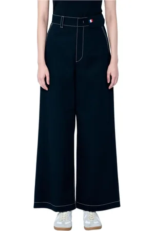 Moncler Bukser, Dame, Sort, XS, Bomuld, High Rise Wide-Leg Bukser med Topstikninger