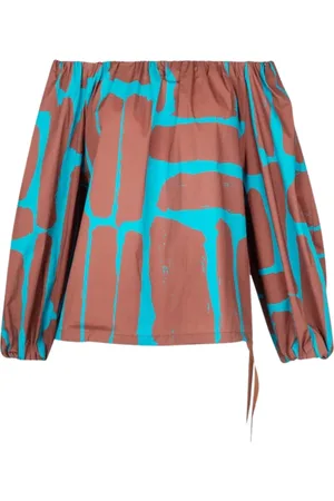 LIVIANA CONTI Bluser & Skjorter, Dame, Blå, M, Bomuld, Poplin Boatneck Bluse med Elastik og Rynker
