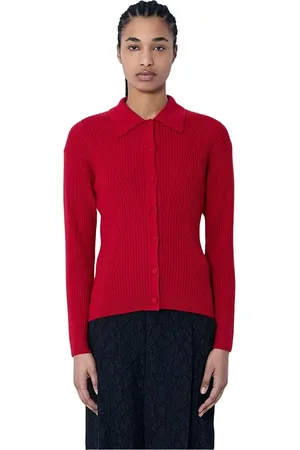 DRIES VAN NOTEN Strik, Dame, Rød, L, Uld, Ribstrikket Knap-Down Cardigan