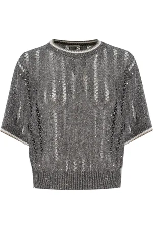 Brunello Cucinelli Strik, Dame, Grå, XS, Uld, Net Effect Sequin Knit Sweater