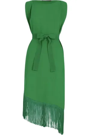 Carolina Herrera Kjole, Dame, Grøn, L, Asymmetrisk Kjole med Frynser i Midi-længde