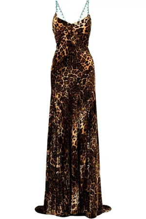 Roberto Cavalli Kjole, Dame, Brun, S, Leopard-print Slipkjole med Drapet Slæb