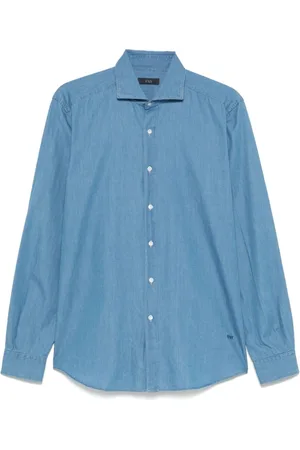 FAY Skjorte, Herre, Blå, 4XL, Bomuld, Blå Button-Up Skjorte med Spread Collar
