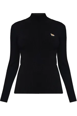 Maison Kitsuné Strik, Dame, Sort, L, Bomuld, Ribstrikket top med mock neck