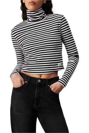Calvin Klein Strik, Dame, Sort, XS, Bomuld, Stribet langærmet top