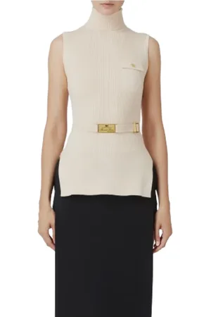 Elisabetta Franchi Top, Dame, , M, Uld, Ribstrikket turtleneck top med logo-lomme