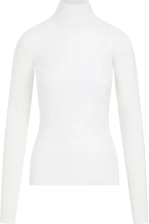 Bottega Veneta Strik, Dame, Hvid, M, Bomuld, Ribstrikket turtleneck-top i bomuld