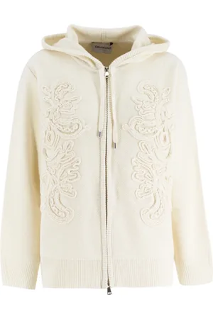 ERMANNO SCERVINO Sweathshirts & Hoodies, Dame, Hvid, 2XS, Uld, Floral Embroidered Zip Hoodie Sweatshirt