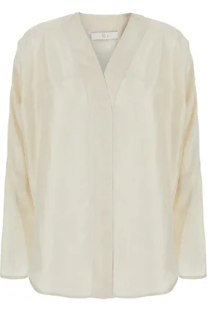 TELA Bluser & Skjorter, Dame, Hvid, XS, Hvid V-Neck Silke Skjorte med Lange Ærmer