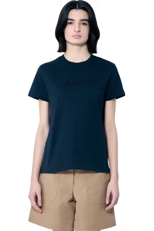 Moncler Top, Dame, Blå, L, Bomuld, Logo Motif Crewneck T-shirt