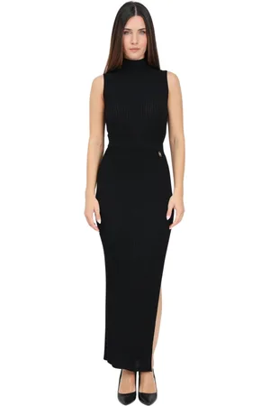 Elisabetta Franchi Kjole, Dame, Sort, M, Polyester, Sort Ribbet Midi Kjole med Sideslids