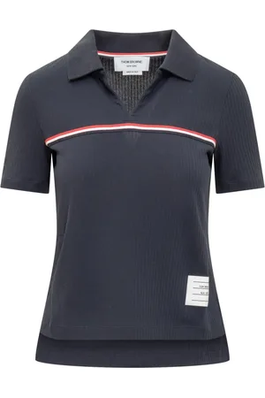 Thom Browne Top, Dame, Blå, XS, Kortærmet poloshirt med broderet logo