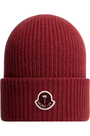 Moncler Tilbehør, Dame, Rød, ONE SIZE, Uld, Uldstrikket Beanie Hue med Logo Patch