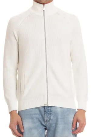 Brunello Cucinelli Strik, Herre, Hvid, M, Bomuld, Hvid Ribstrikket Bomuld Cardigan med Fuld Lynlås