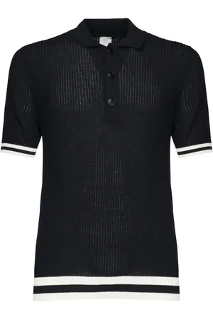 ELEVENTY Top, Herre, Blå, XL, Bomuld, Ribstrikket poloshirt med kontraststriber