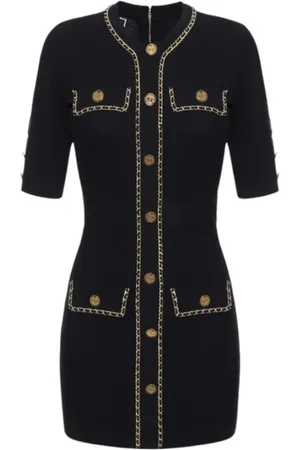 Elisabetta Franchi Kjole, Dame, Sort, S, Uld, Honeycomb Stitch Minikjole med Metal Knapper