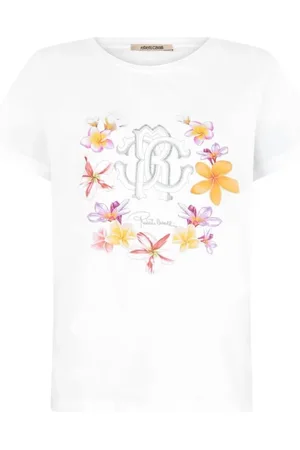Roberto Cavalli Top, Dame, Hvid, M, Bomuld, Floral Monogram Rundhals T-shirt
