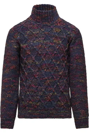 Bomboogie Strik, Herre, Blå, M, Uld, Multifarvet Garn Turtleneck med Fletmønster