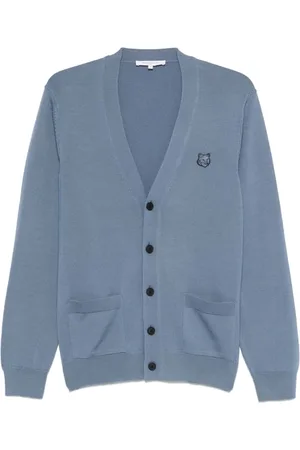 Maison Kitsuné Strik, Herre, Blå, XL, Uld, Blå V-hals Cardigan