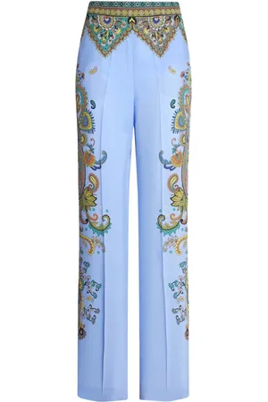 Etro Bukser, Dame, Blå, L, Blomstrede silkebukser