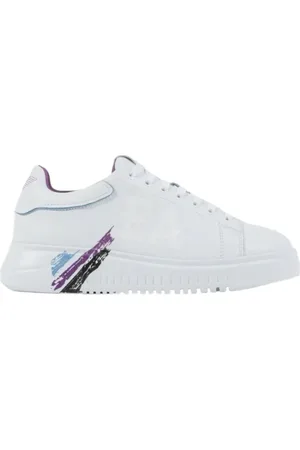 Emporio Armani Sko, Dame, Hvid, 37 EU, Læder, Multicolor Brushstroke Logo Sneakers
