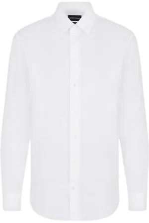 Emporio Armani Skjorte, Herre, Hvid, 7XL, Bomuld, Italiensk Poplin Skjorte med Krave