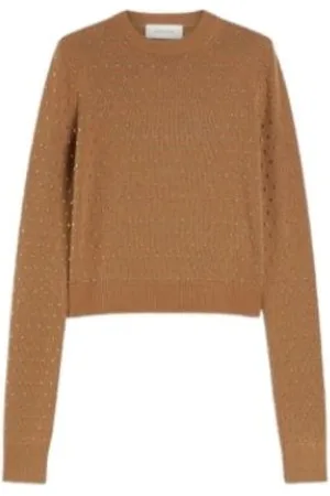 Sportmax Strik, Dame, Brun, XS, Uld, Strikket sweater med nitter i uld og cashmere