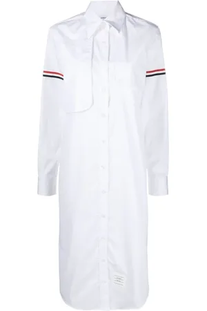 Thom Browne Kjole, Dame, Hvid, S, Bomuld, Hvid bomuldskjole med RWB-stribe
