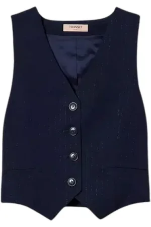 Twin-Set Jakke, Dame, Blå, S, Polyester, Blå Stribet Vest med Lurex Garn