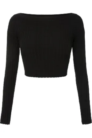 Elisabetta Franchi Top, Dame, Sort, L, Uld, Sort Ribstrikket Sweater med Bådhals