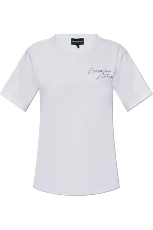 Emporio Armani Top, Dame, Hvid, L, Bomuld, Jersey T-shirt med flerfarvet logo broderi